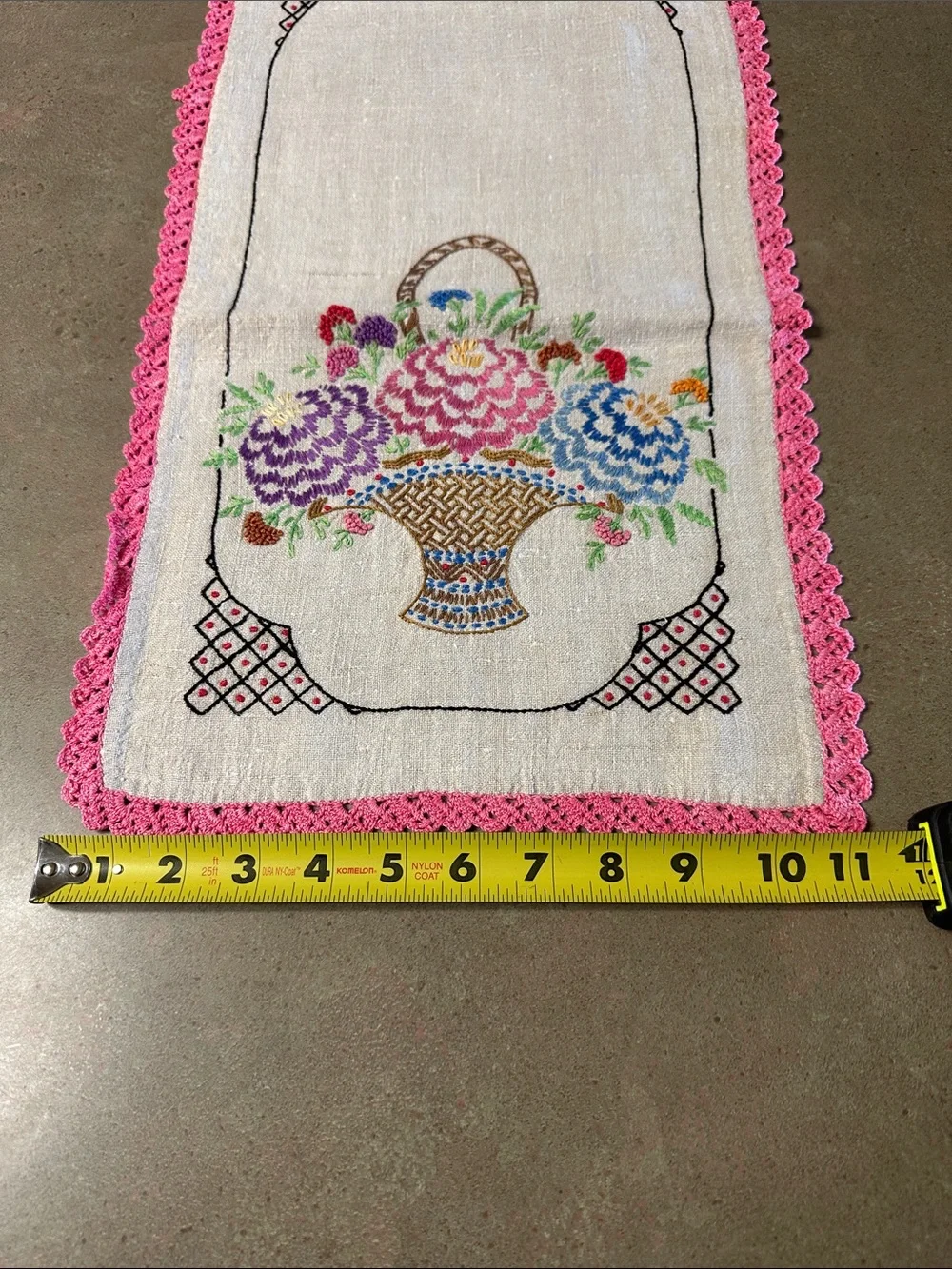 Vintage Hand-Embroidered Linen Floral Basket Table Runner - Pink Trim 38”